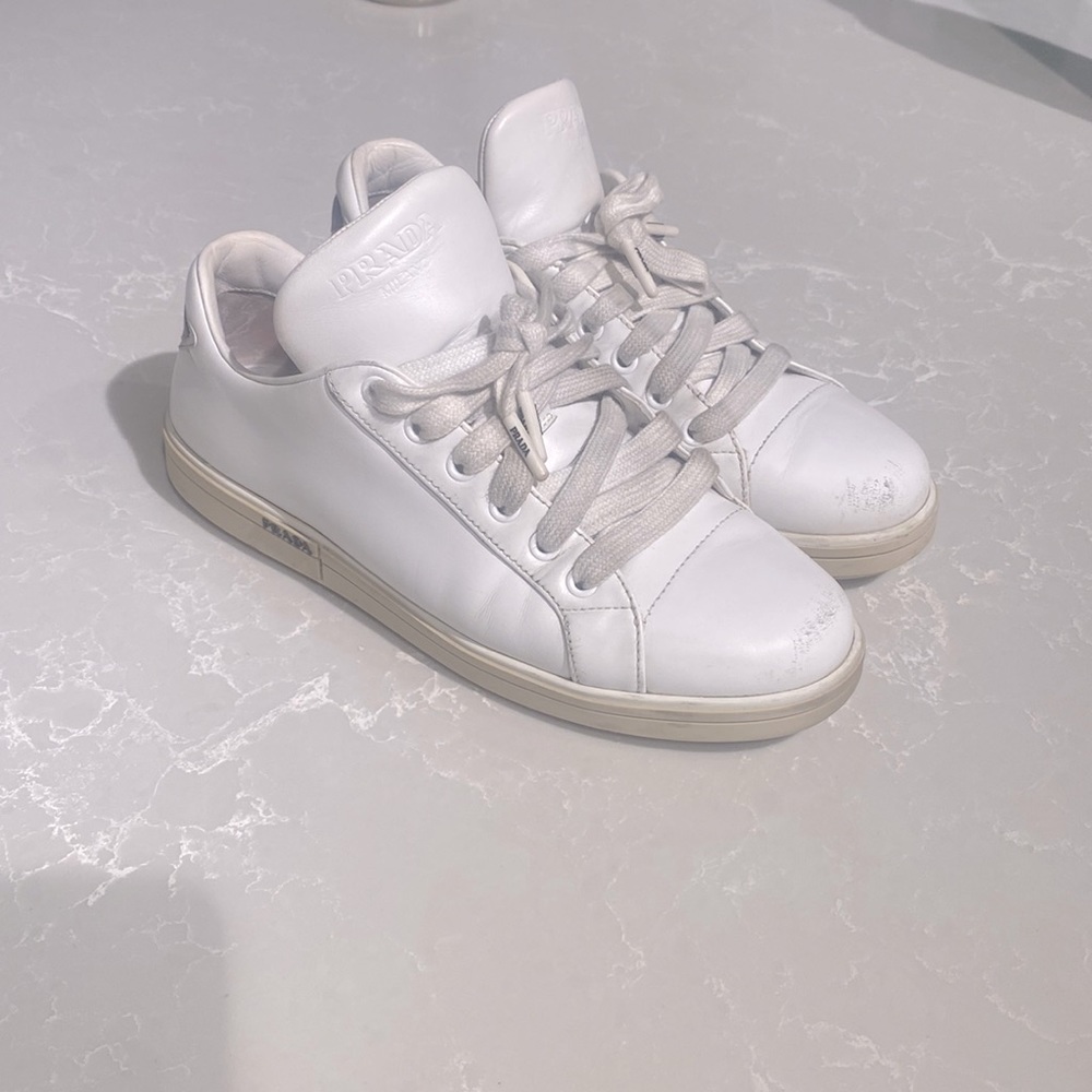 Authentic Prada White Leather Sneakers, Size 38